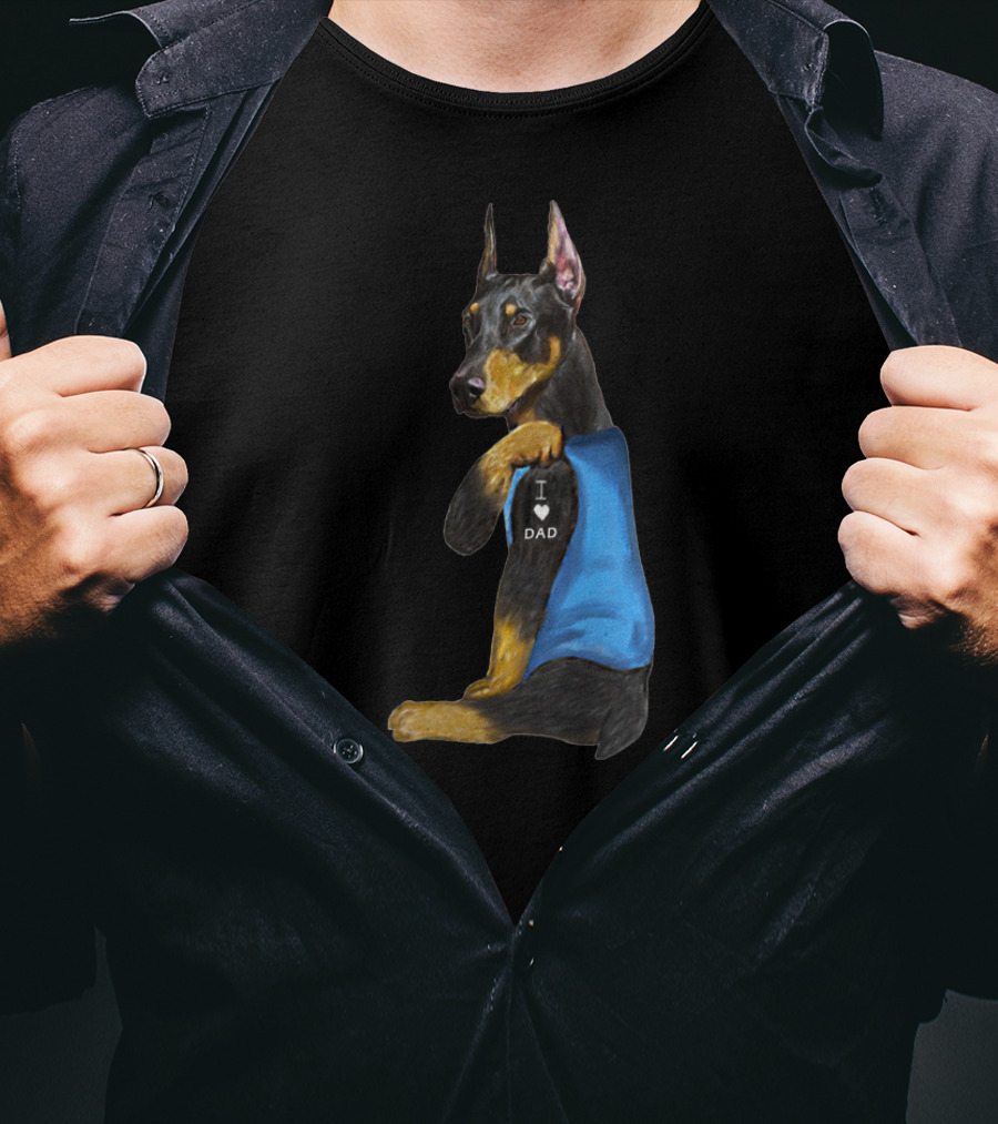 Dobermann I Love Dad Wearing Blue Vest T-Shirt