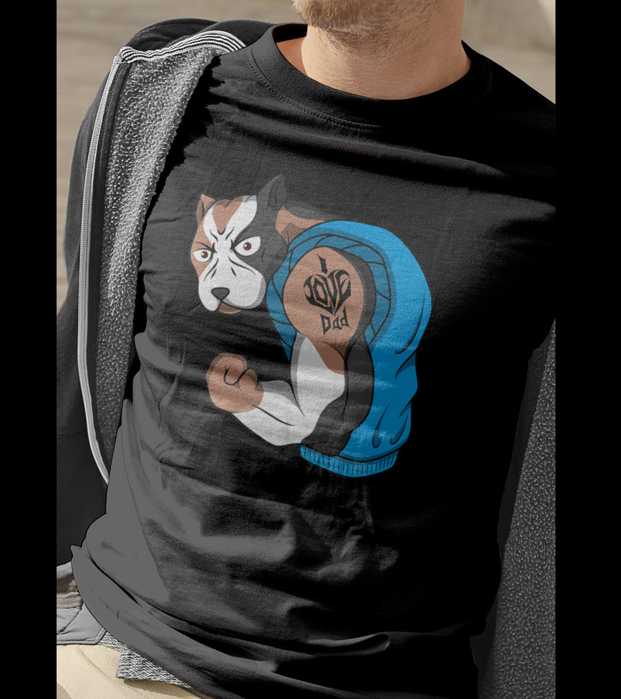 Funny Pit Bull Dog I Love Dad Tattoo Flexing Arm T-Shirt