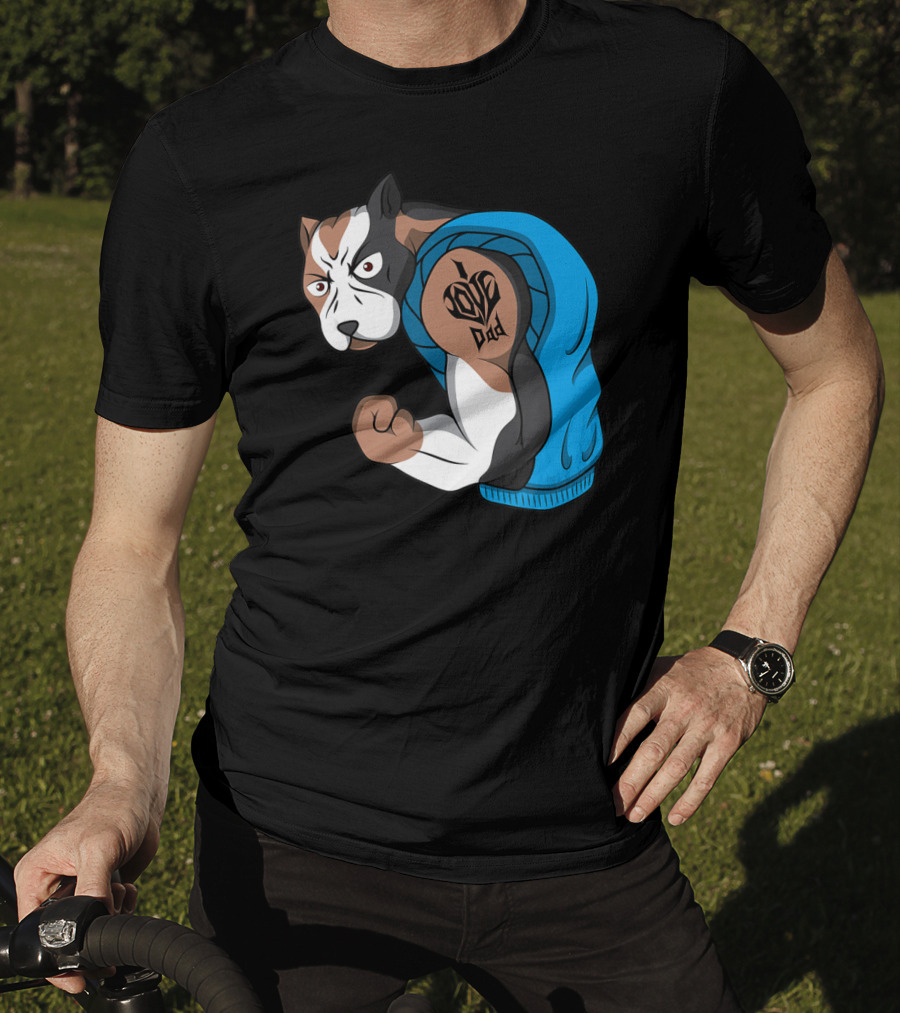 Funny Pit Bull Dog I Love Dad Tattoo Flexing Arm T-Shirt