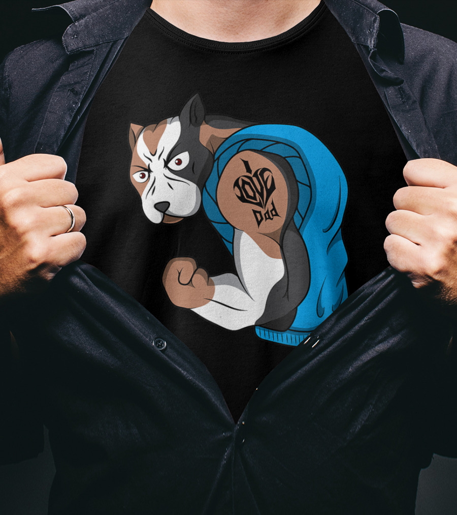 Funny Pit Bull Dog I Love Dad Tattoo Flexing Arm T-Shirt