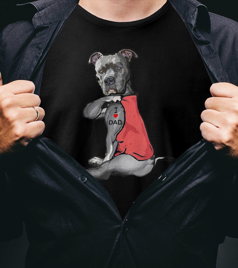 Pitbull Tattoo I Love Dad Red T-Shirt