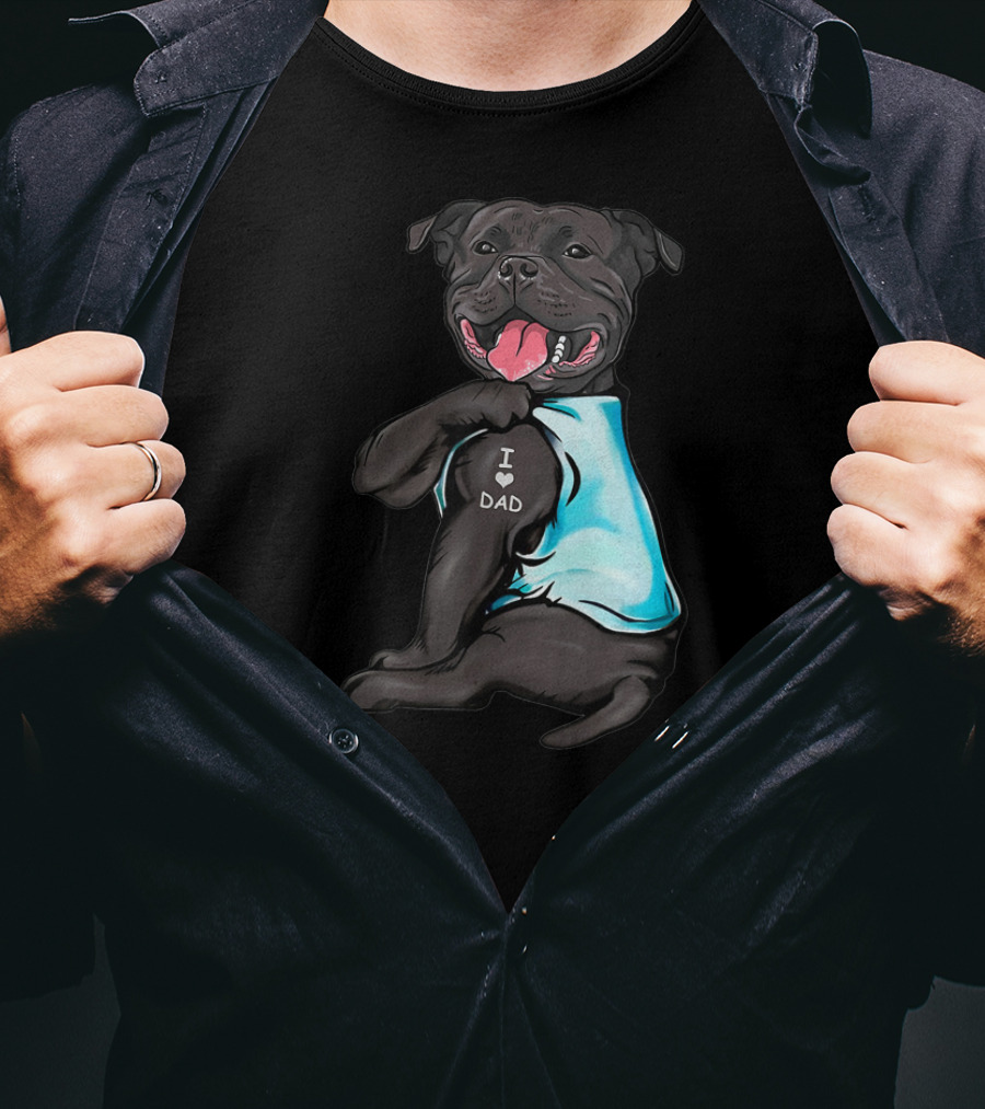 Staffordshire Bull Terrier I Love Dad Dog Blue T-Shirt