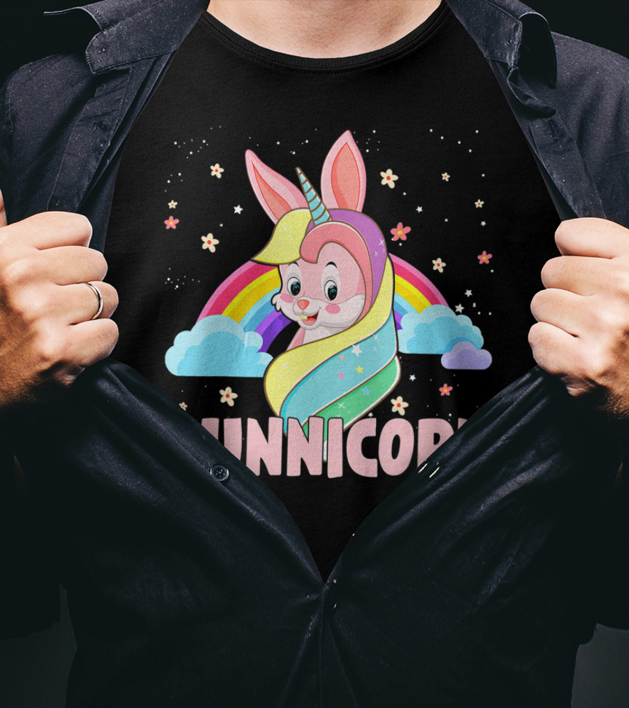 Bunnicorn Rainbow Unicorn Easter Clouds Stars T-Shirt