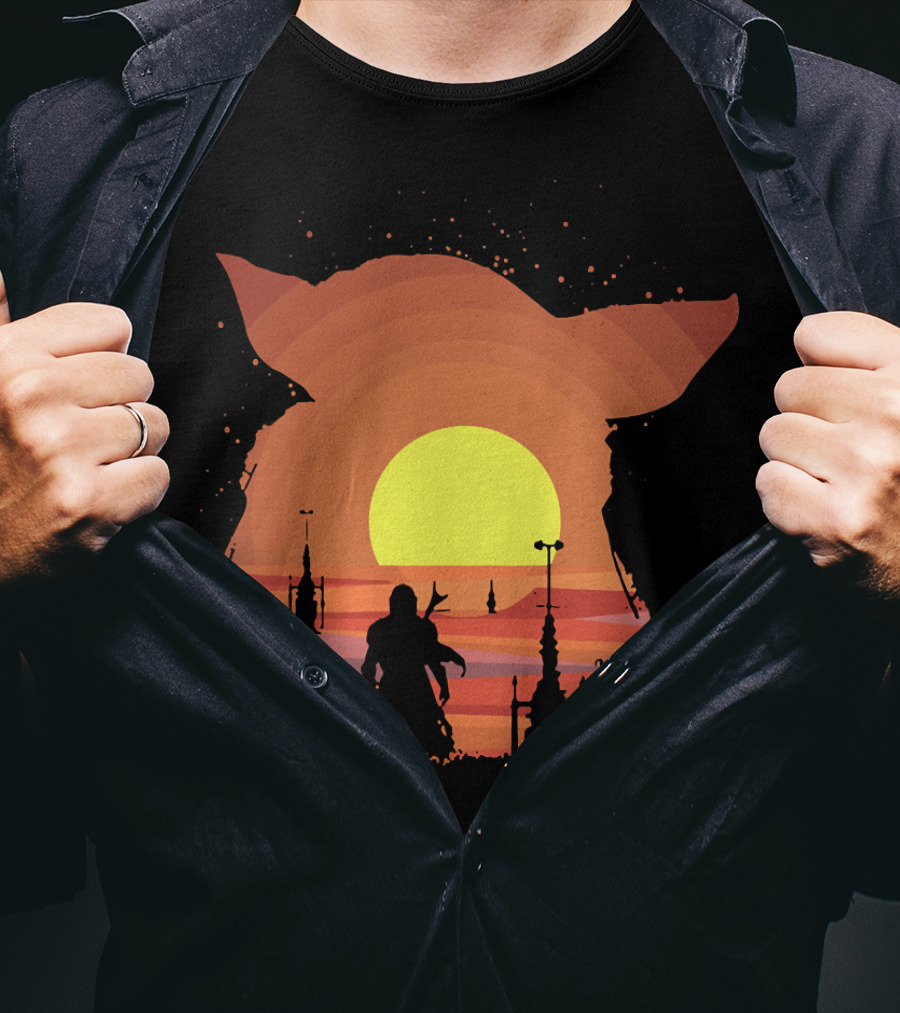 On My Way Silhouette In Baby Yoda Sunset T-Shirt