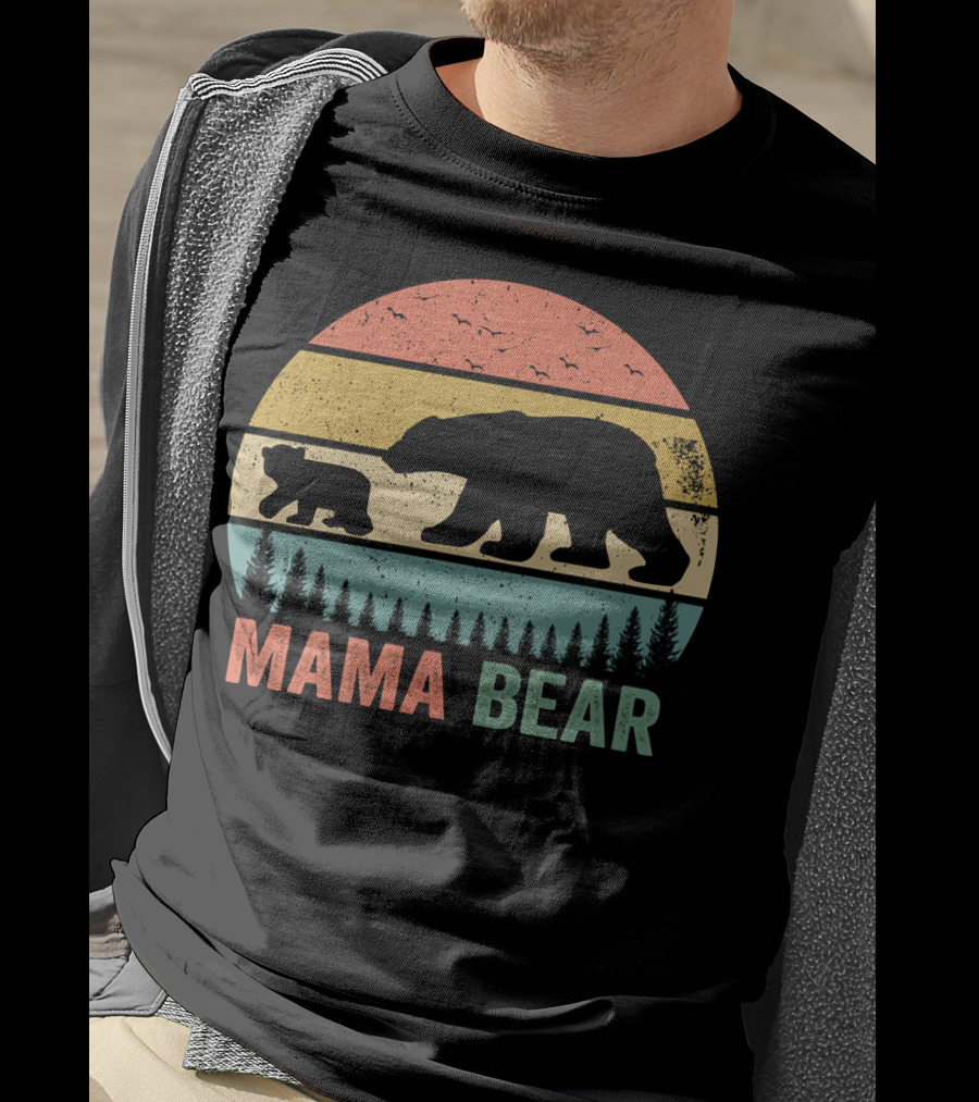 Mama Bear With Baby Cub Retro Sunset Silhouette Nature Scene T-Shirt