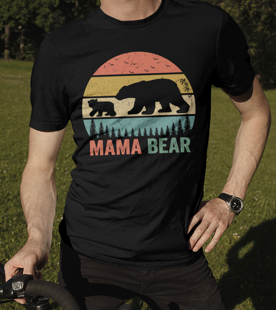 Mama Bear With Baby Cub Retro Sunset Silhouette Nature Scene T-Shirt