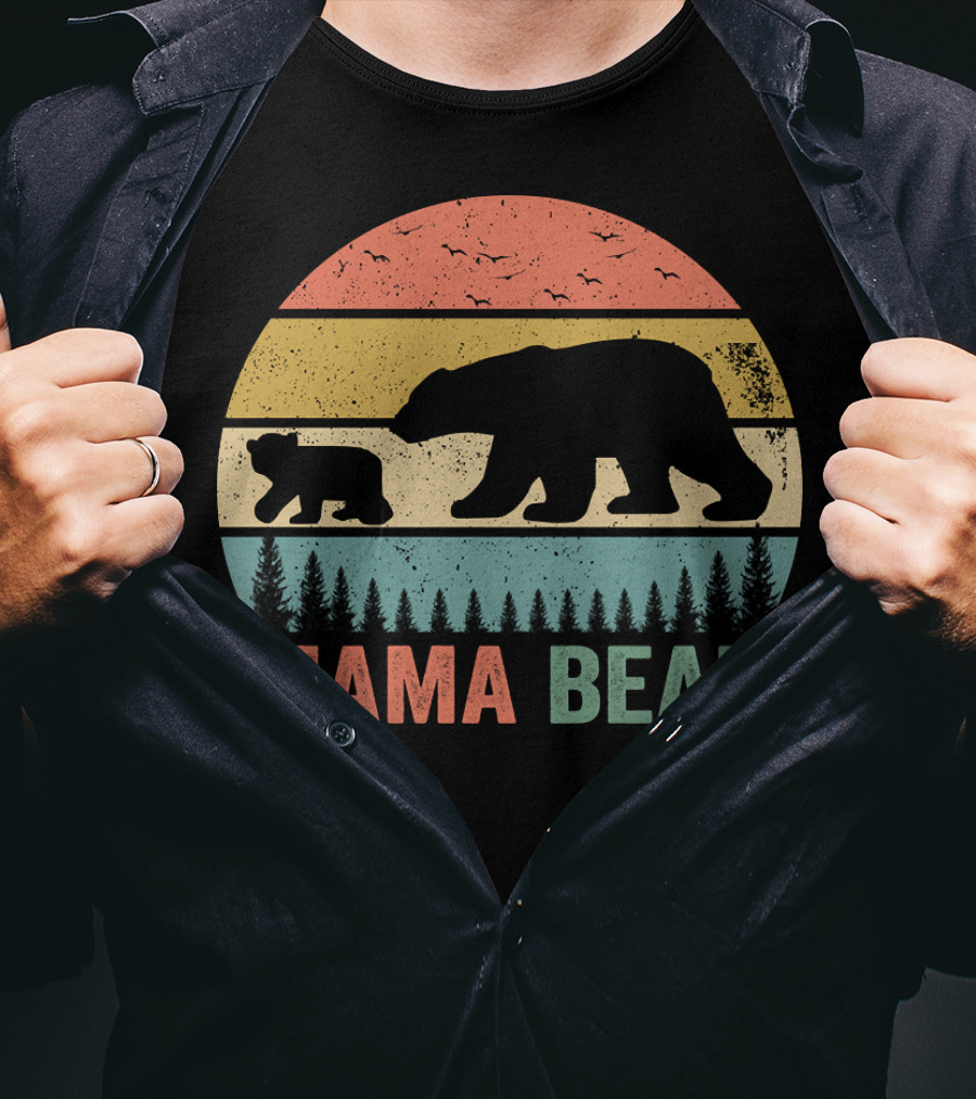 Mama Bear With Baby Cub Retro Sunset Silhouette Nature Scene T-Shirt