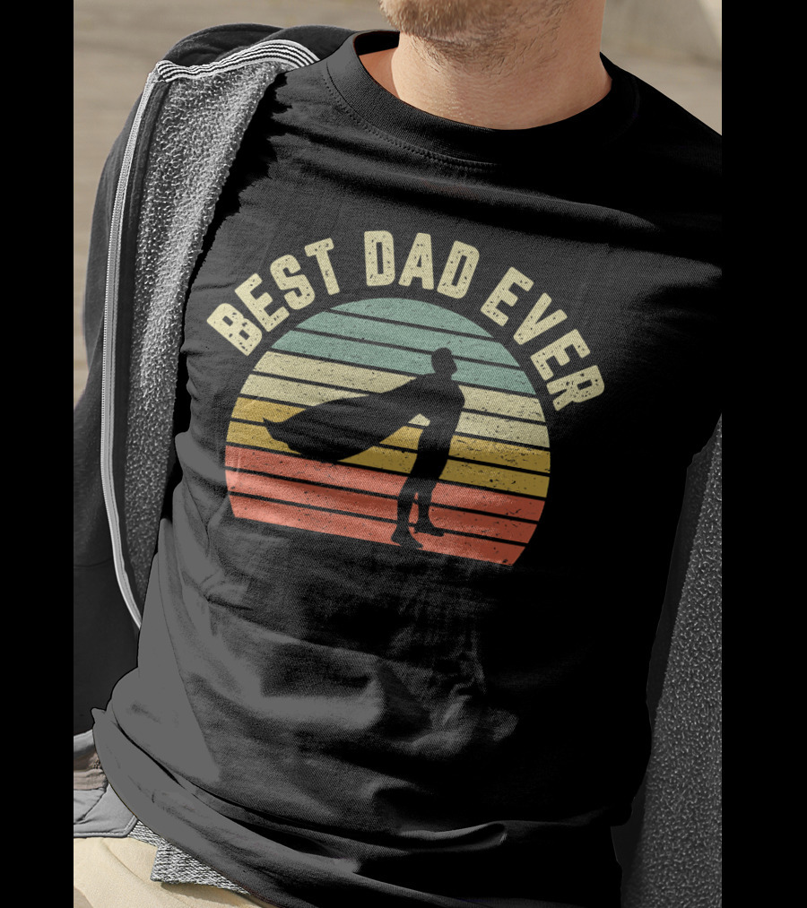 Best Dad Ever Superhero Silhouette Vintage Sunset Stripes T-Shirt