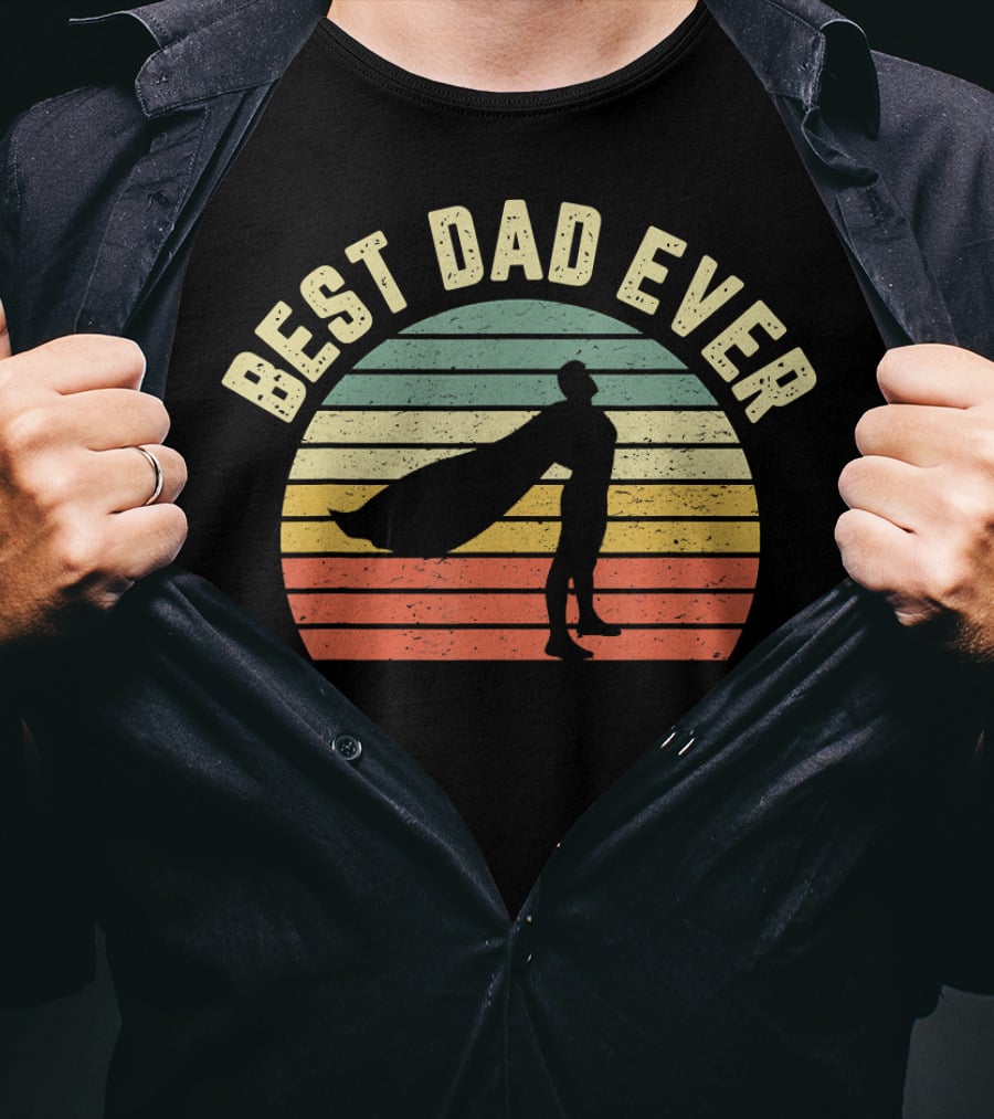 Best Dad Ever Superhero Silhouette Vintage Sunset Stripes T-Shirt