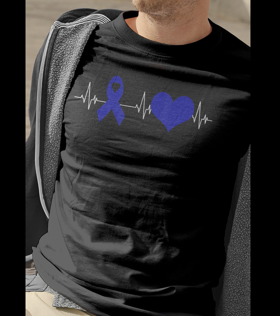 Colon Cancer Awareness Blue Ribbon Heartbeat T-Shirt