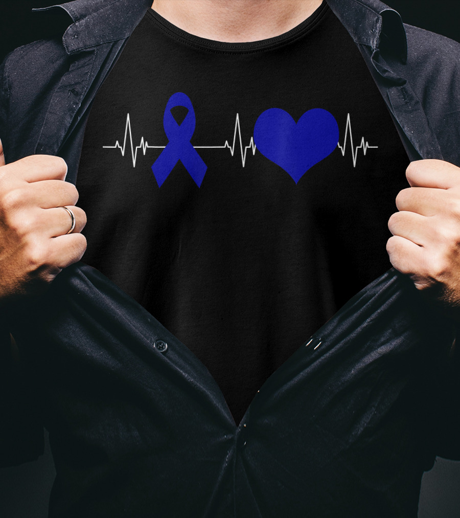 Colon Cancer Awareness Blue Ribbon Heartbeat T-Shirt