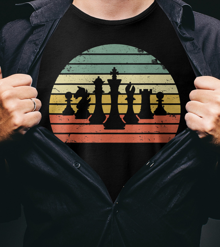 Chess Pieces Retro Sunset Stripes T-Shirt