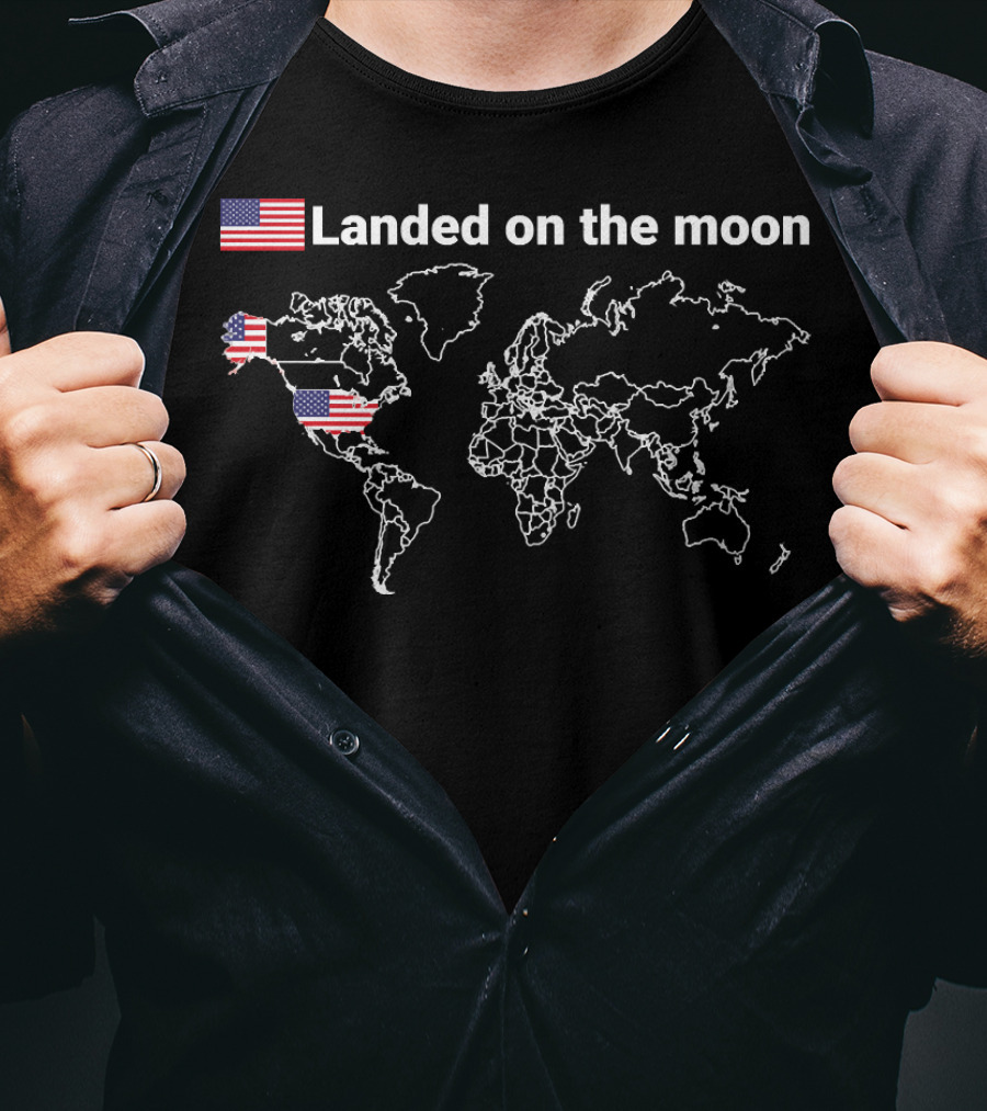 Landed On The Moon American Flag World Map T-Shirt