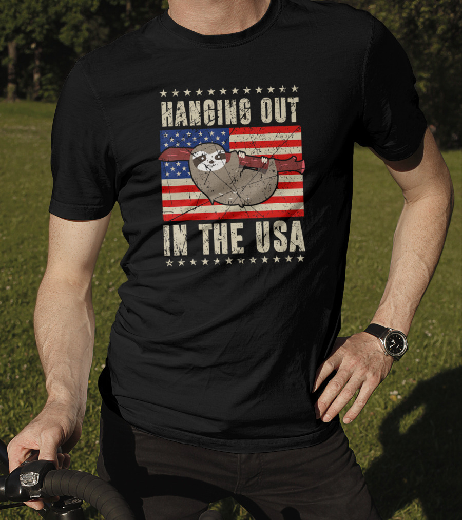 Sloth Hanging Out In The USA America Flag T-Shirt