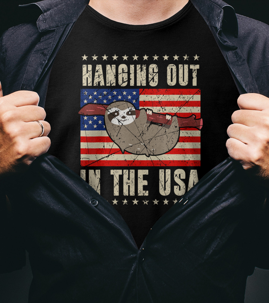 Sloth Hanging Out In The USA America Flag T-Shirt