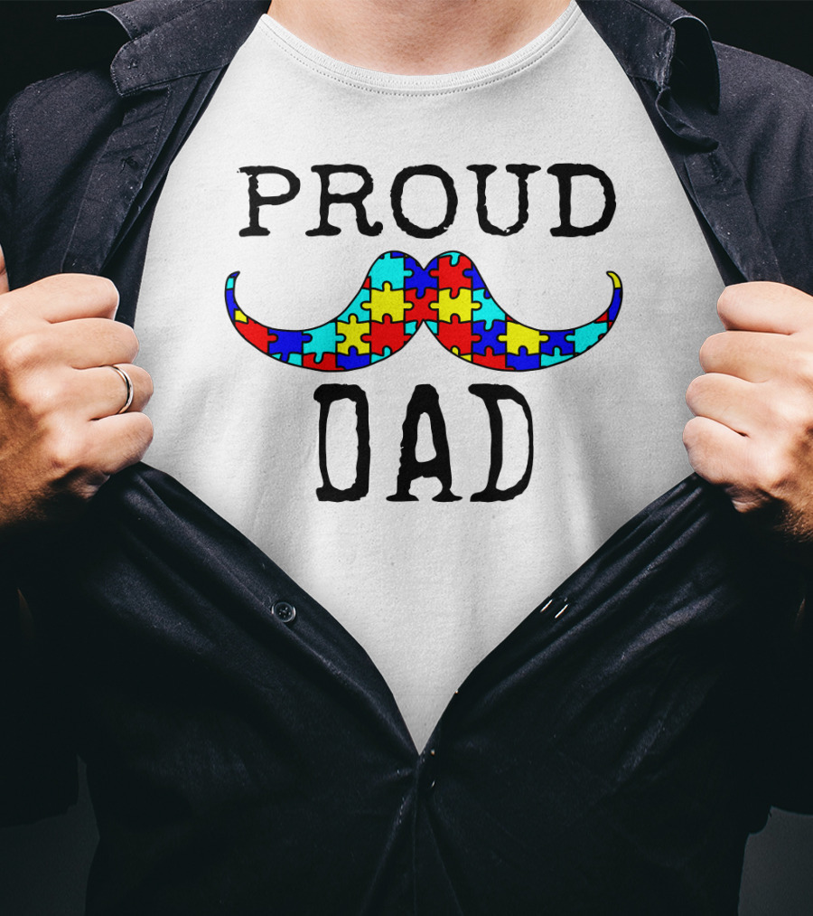 Proud Dad Autism Puzzle Mustache T-Shirt