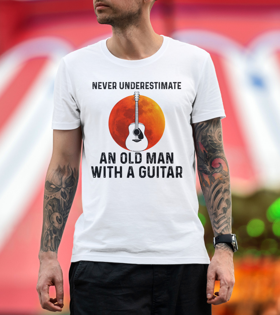 Never Underestimate an Old Man with a Guitar and Lunar Eclipse Background T-Shirt