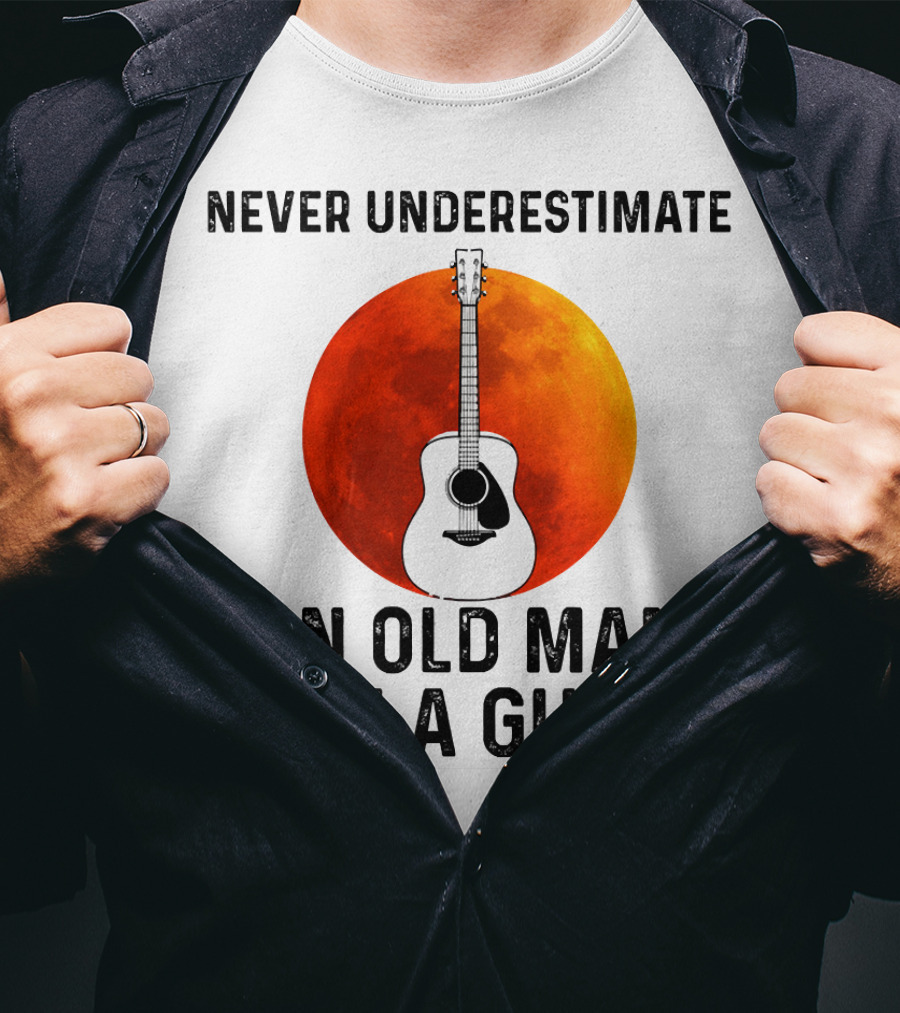 Never Underestimate An Old Man With A Guitar And Lunar Eclipse Background T-Shirt