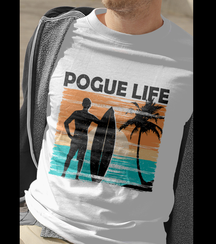 Pogue Life Outer Banks OBX Surf Silhouette Beach Sunset Palm Tree T-Shirt