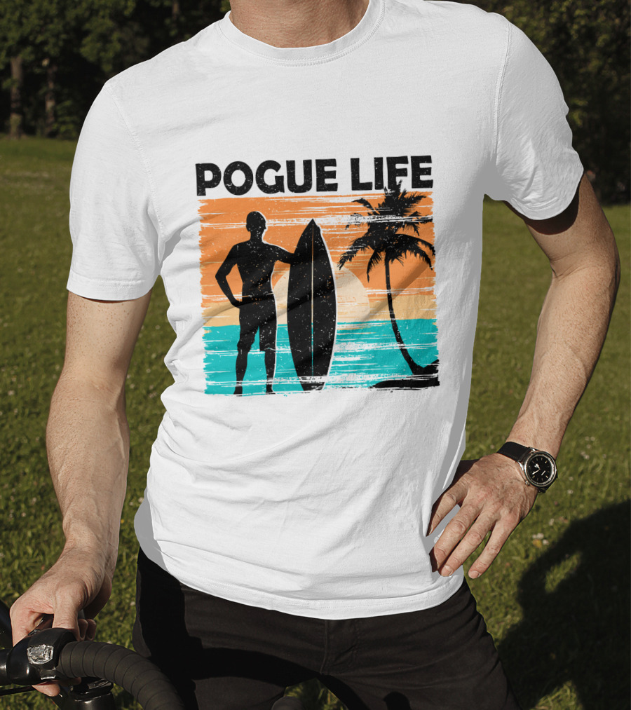 Pogue Life Outer Banks OBX Surf Silhouette Beach Sunset Palm Tree T-Shirt