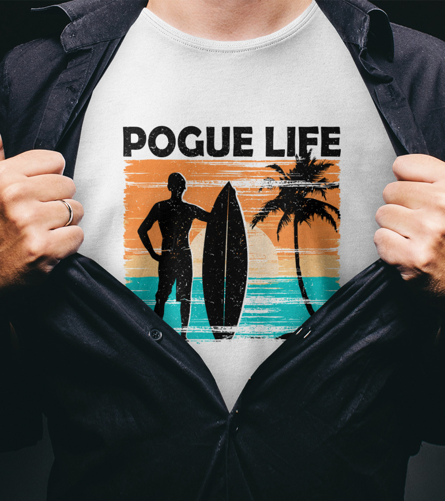 Pogue Life Outer Banks OBX Surf Silhouette Beach Sunset Palm Tree T-Shirt
