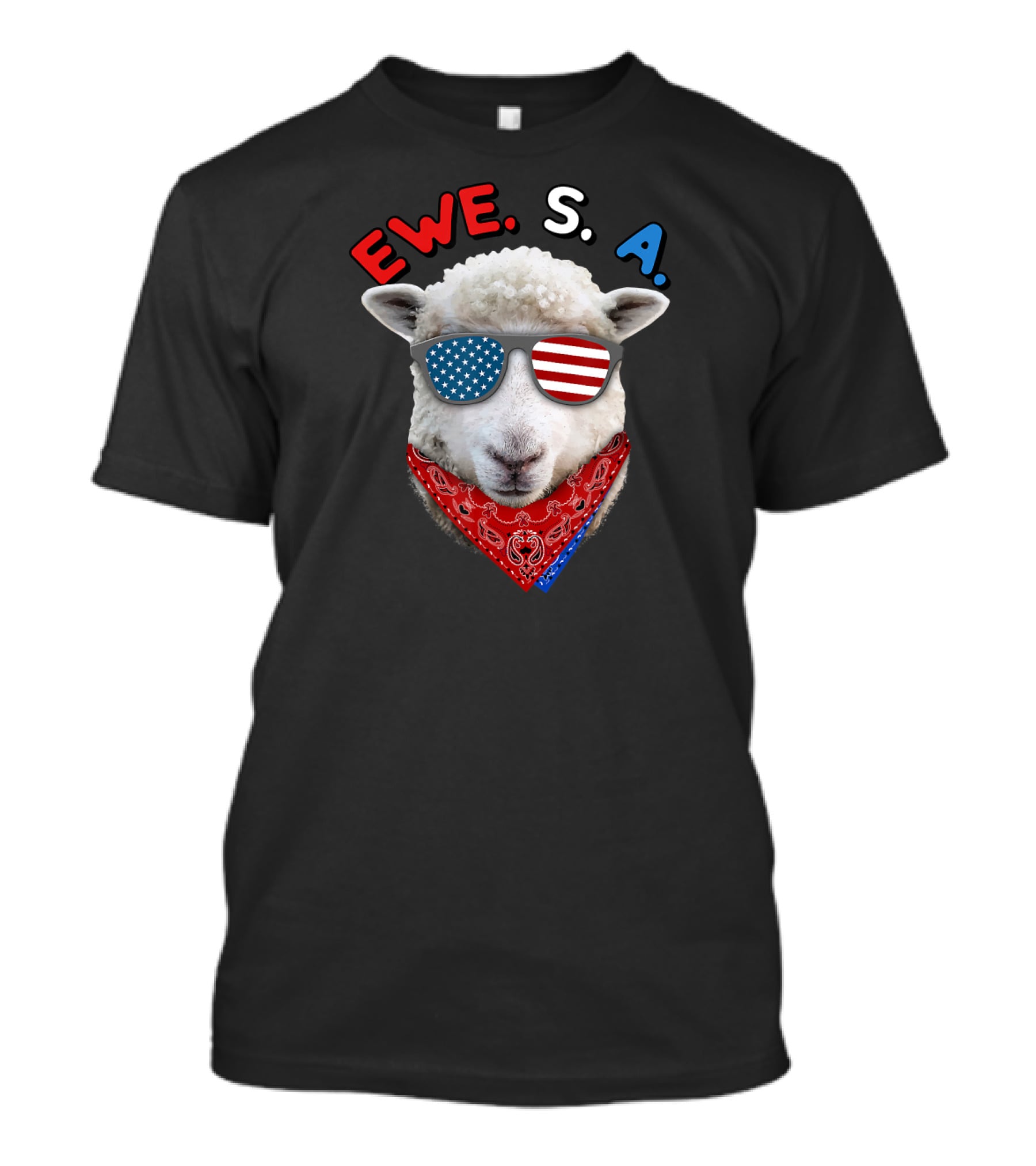 Ewe S A Sheep With USA Flag Sunglasses And Red Bandana T-Shirt