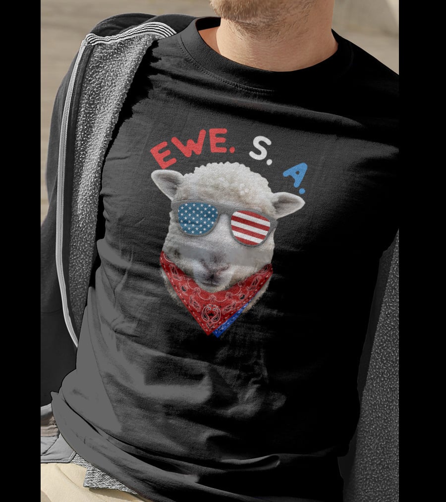 Ewe S A Sheep With USA Flag Sunglasses And Red Bandana T-Shirt