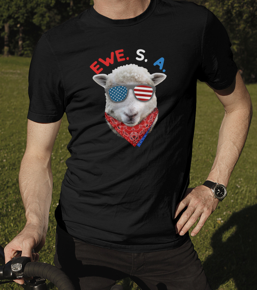 Ewe S A Sheep With USA Flag Sunglasses And Red Bandana T-Shirt