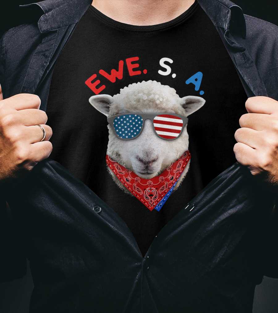 Ewe S A Sheep With USA Flag Sunglasses And Red Bandana T-Shirt