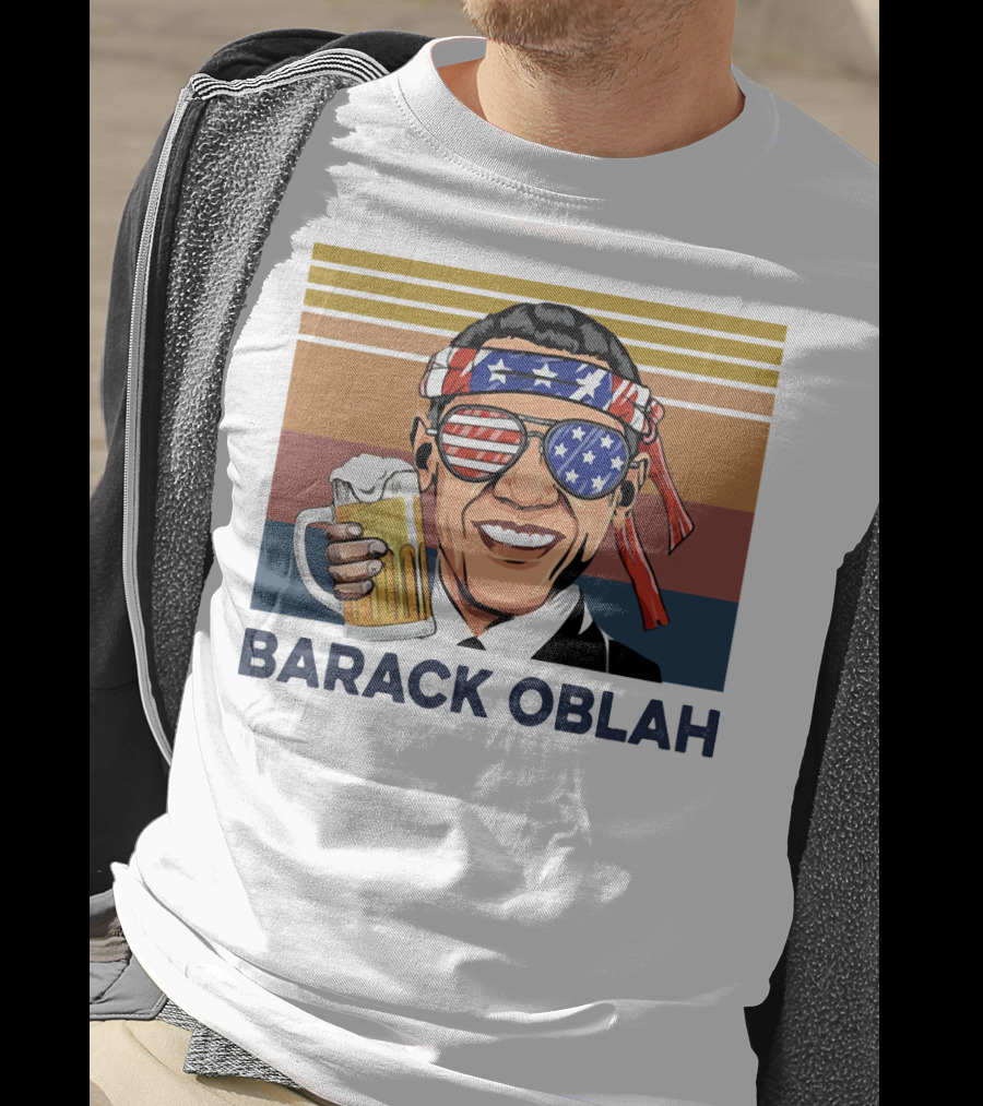 Barack Obama Oblah Drink Vintage USA Flag Headband And Stars Stripes Shades With Beer Mug T-Shirt