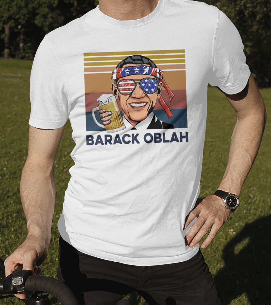 Barack Obama Oblah Drink Vintage USA Flag Headband And Stars Stripes Shades With Beer Mug T-Shirt