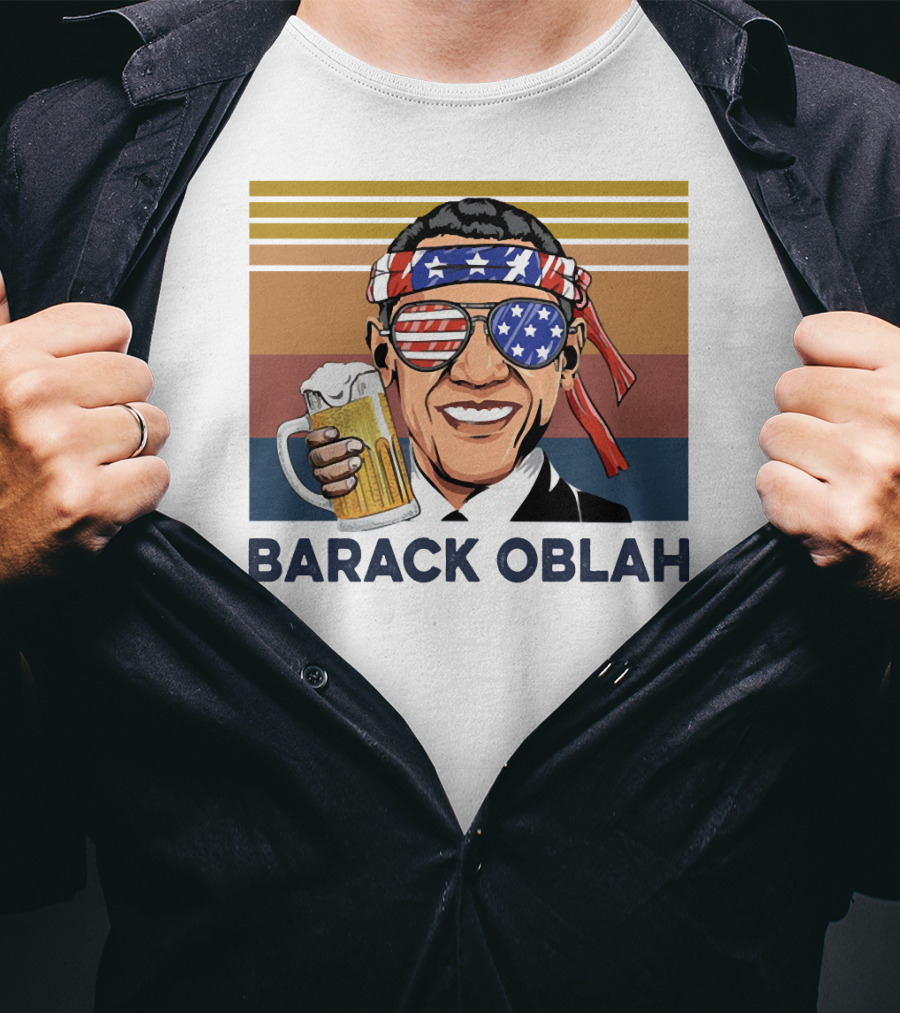 Barack Obama Oblah Drink Vintage USA Flag Headband And Stars Stripes Shades With Beer Mug T-Shirt