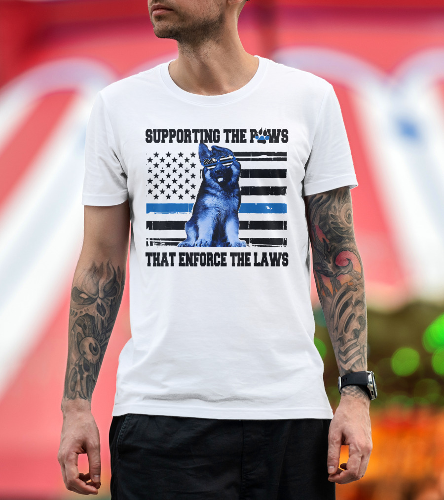 Supporting the Paws That Enforce the Laws Police Dog American Flag Sunglasses T-Shirt