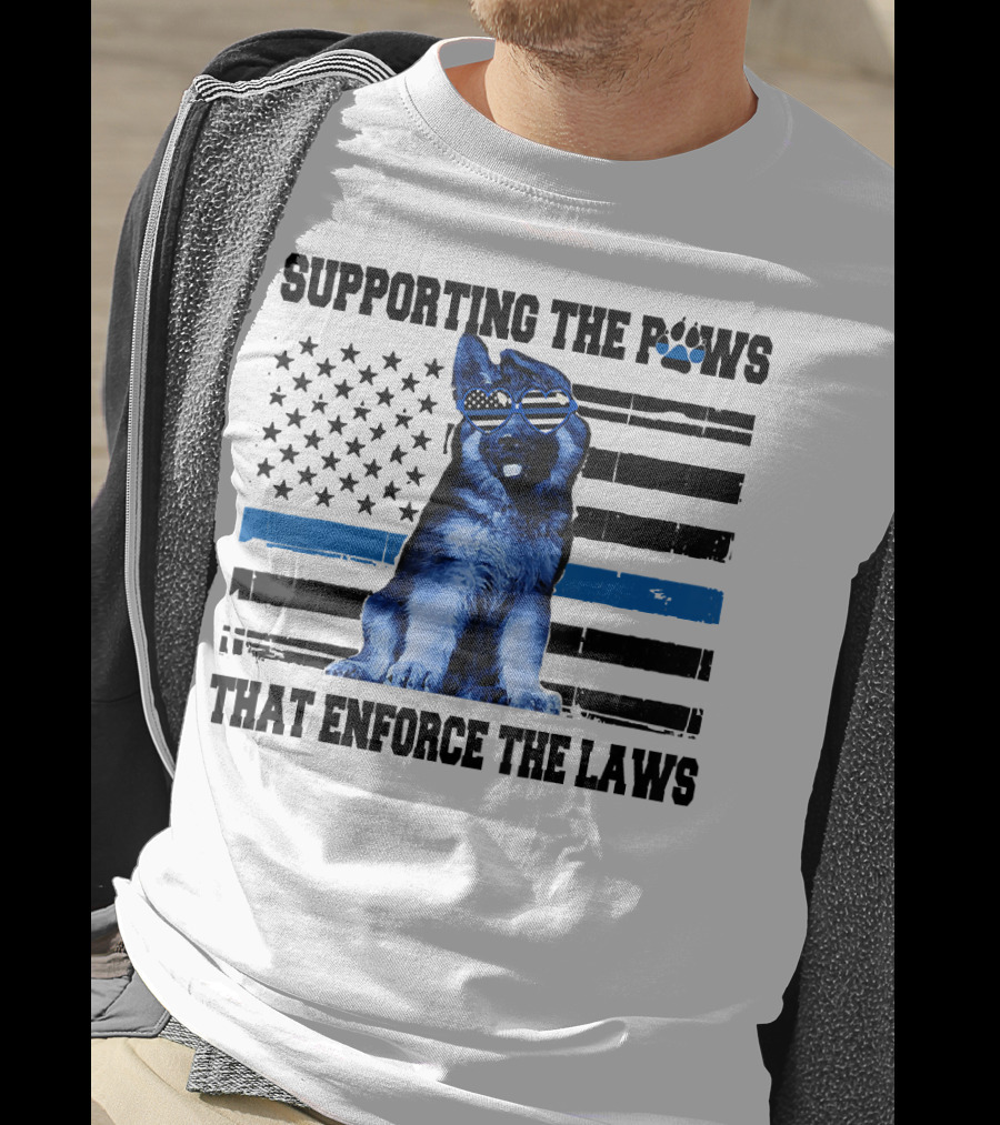 Supporting The Paws That Enforce The Laws Police Dog American Flag Sunglasses T-Shirt