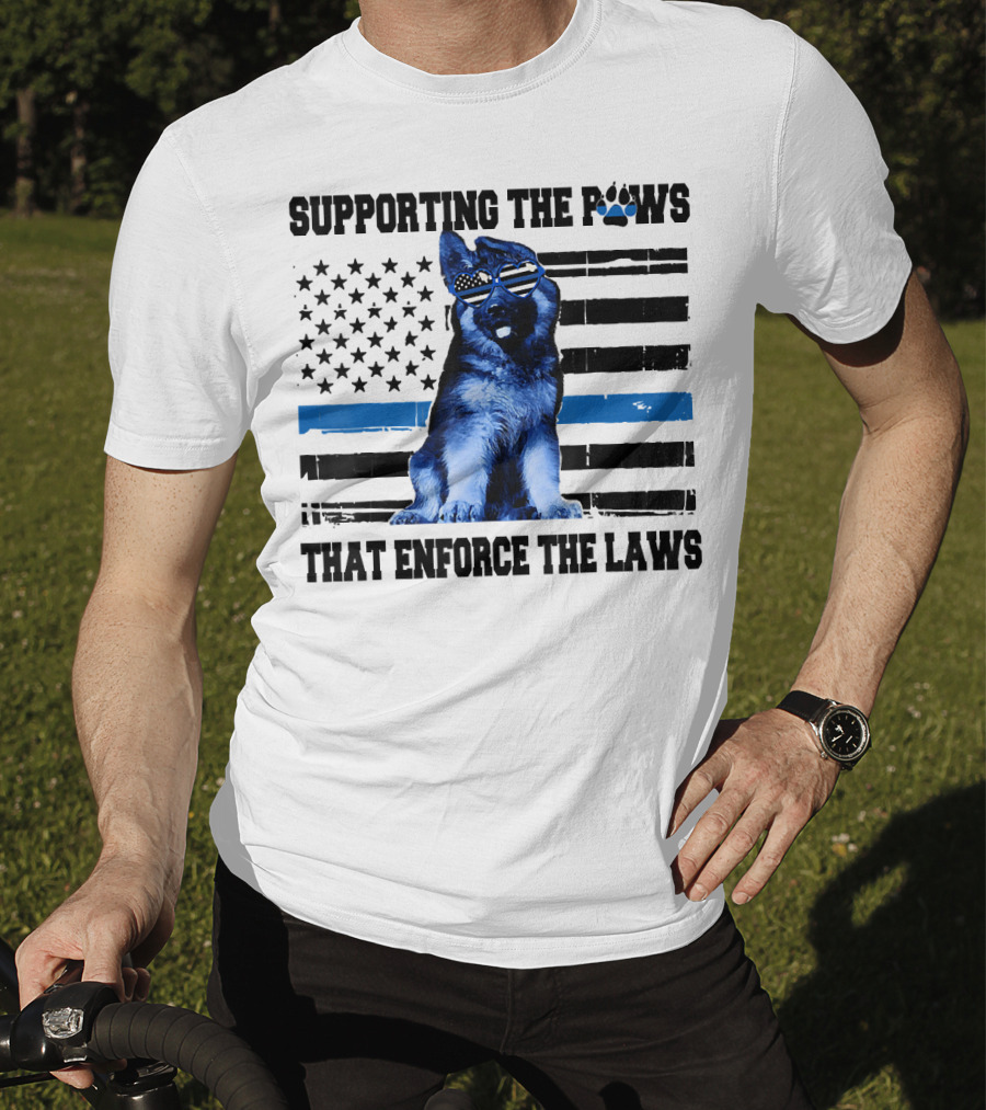 Supporting The Paws That Enforce The Laws Police Dog American Flag Sunglasses T-Shirt