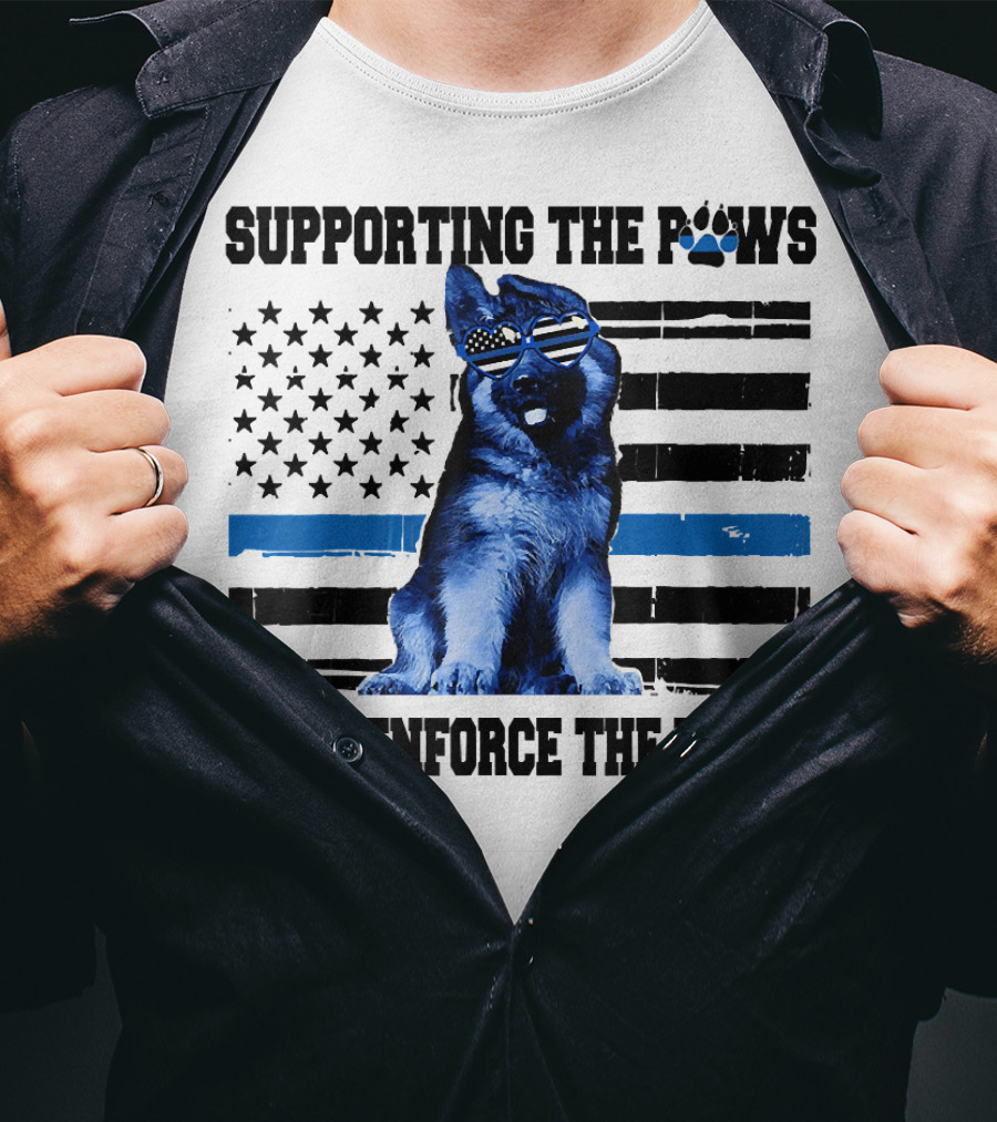 Supporting The Paws That Enforce The Laws Police Dog American Flag Sunglasses T-Shirt