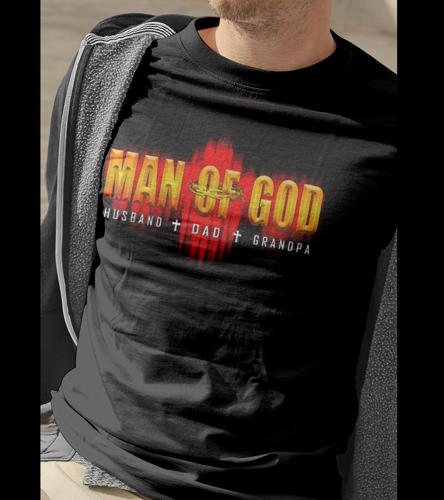 Man Of God Husband Dad Grandpa Cross Crown T-Shirt