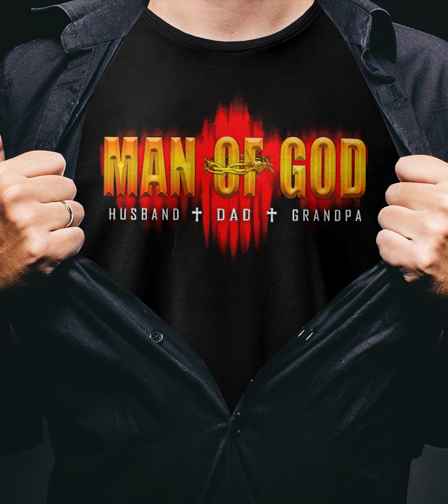 Man Of God Husband Dad Grandpa Cross Crown T-Shirt