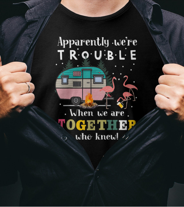 Apparently We're Trouble When We Are Together Who Knew Camping Flamingos Campfire T-Shirt
