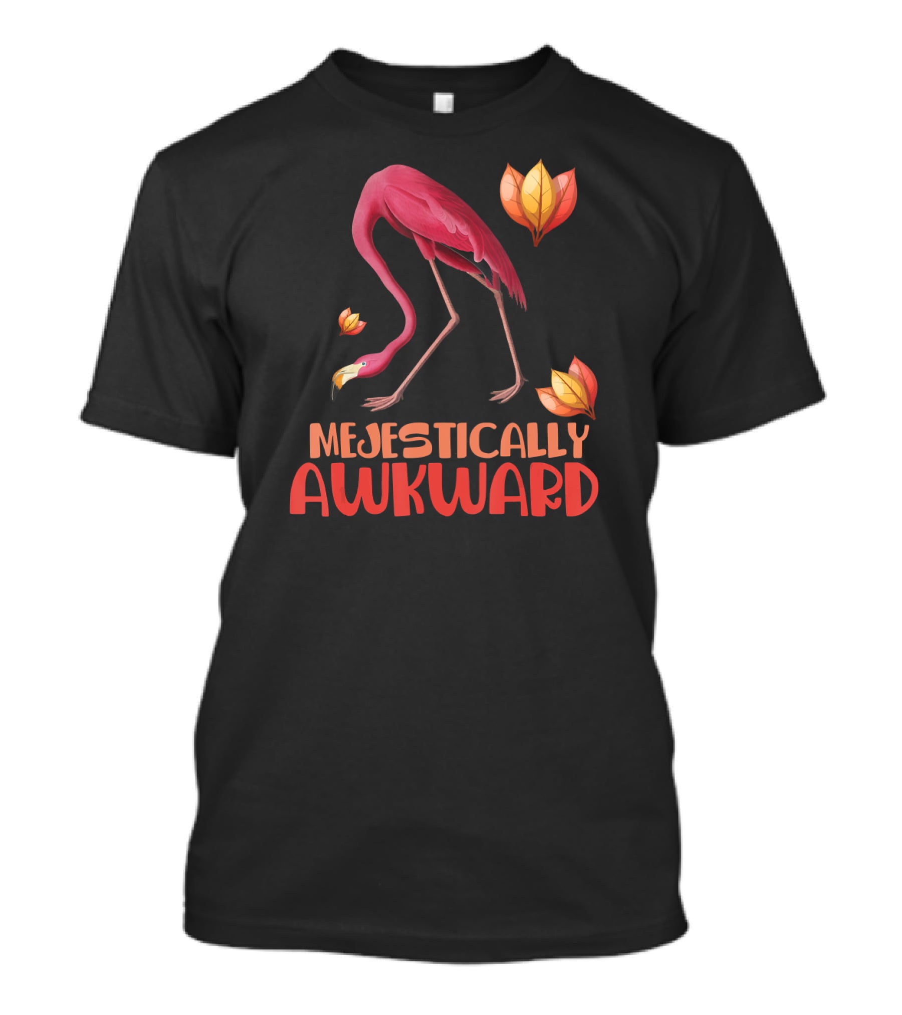 Majestically Awkward Flamingo With Colorful Leaves T-Shirt