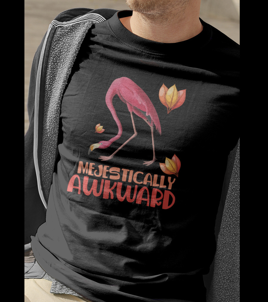 Majestically Awkward Flamingo With Colorful Leaves T-Shirt
