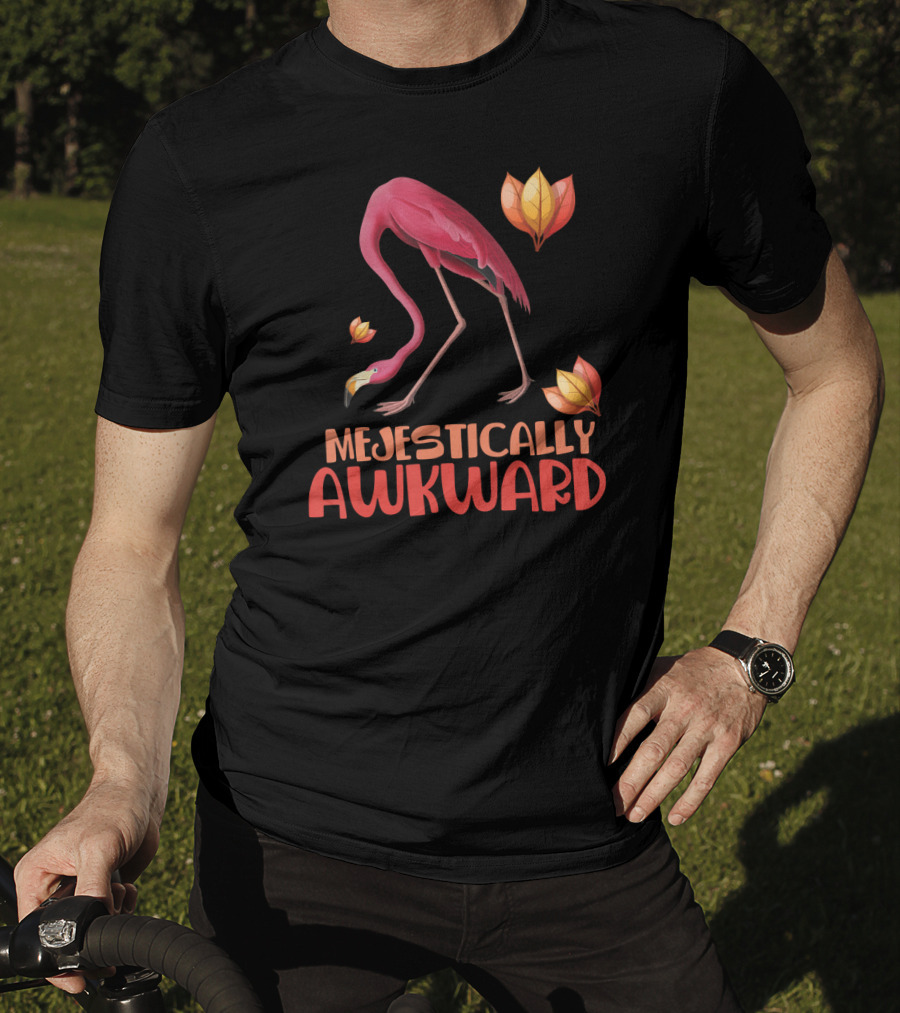 Majestically Awkward Flamingo With Colorful Leaves T-Shirt