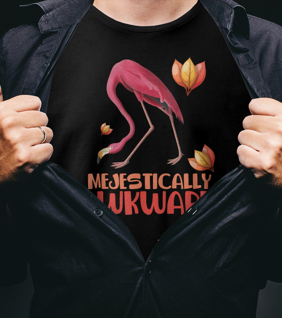 Majestically Awkward Flamingo With Colorful Leaves T-Shirt