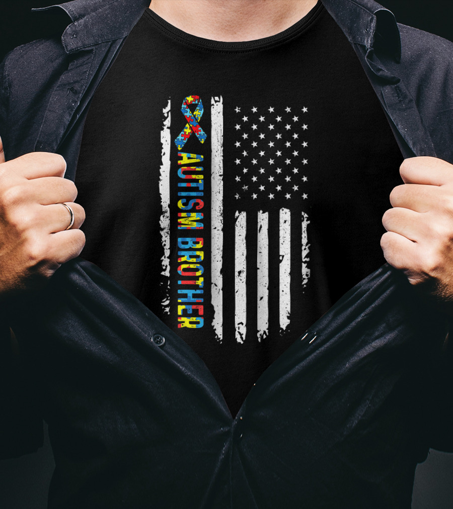 Autism Brother USA Flag Puzzle Ribbon Awareness T-Shirt