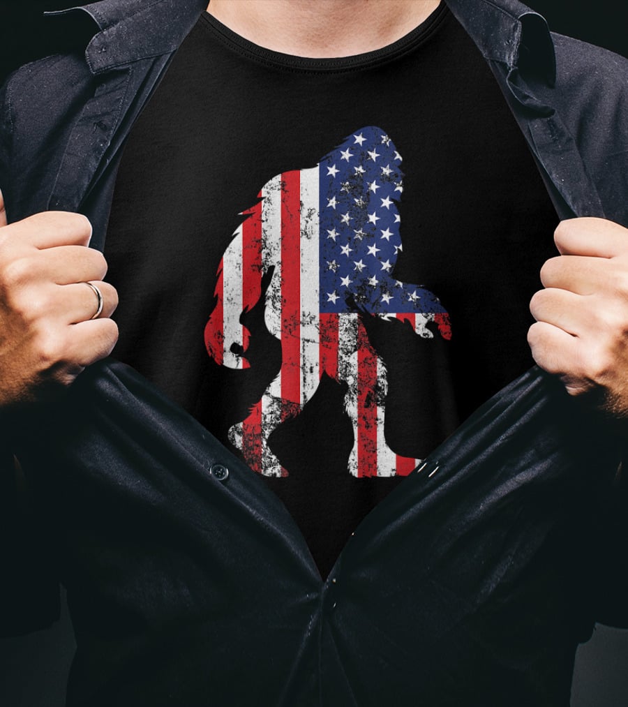 Patriotic Bigfoot Silhouette With American Flag Colors T-Shirt