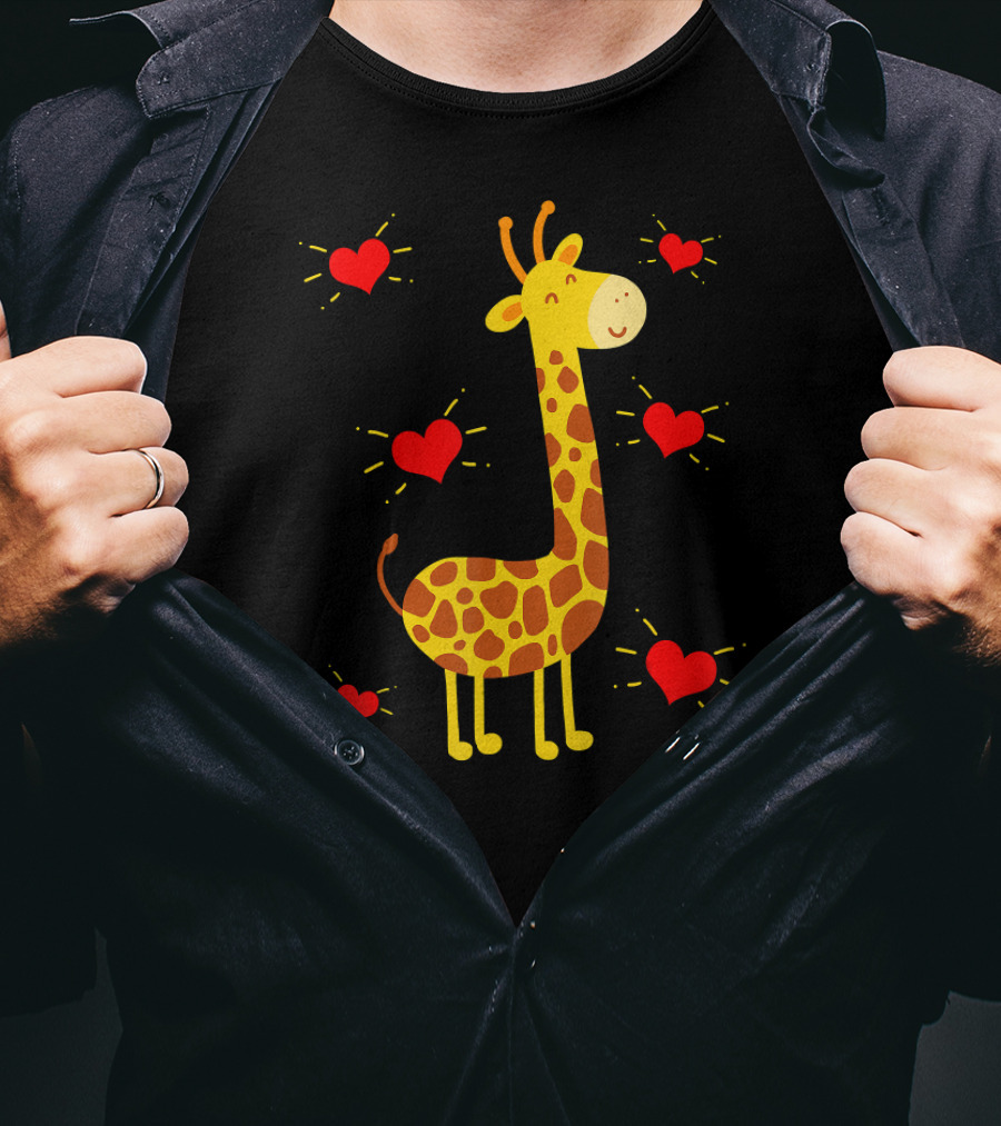 Giraffe Lover Heart Zookeeper With Cute Giraffe Surrounded By Red Hearts T-Shirt