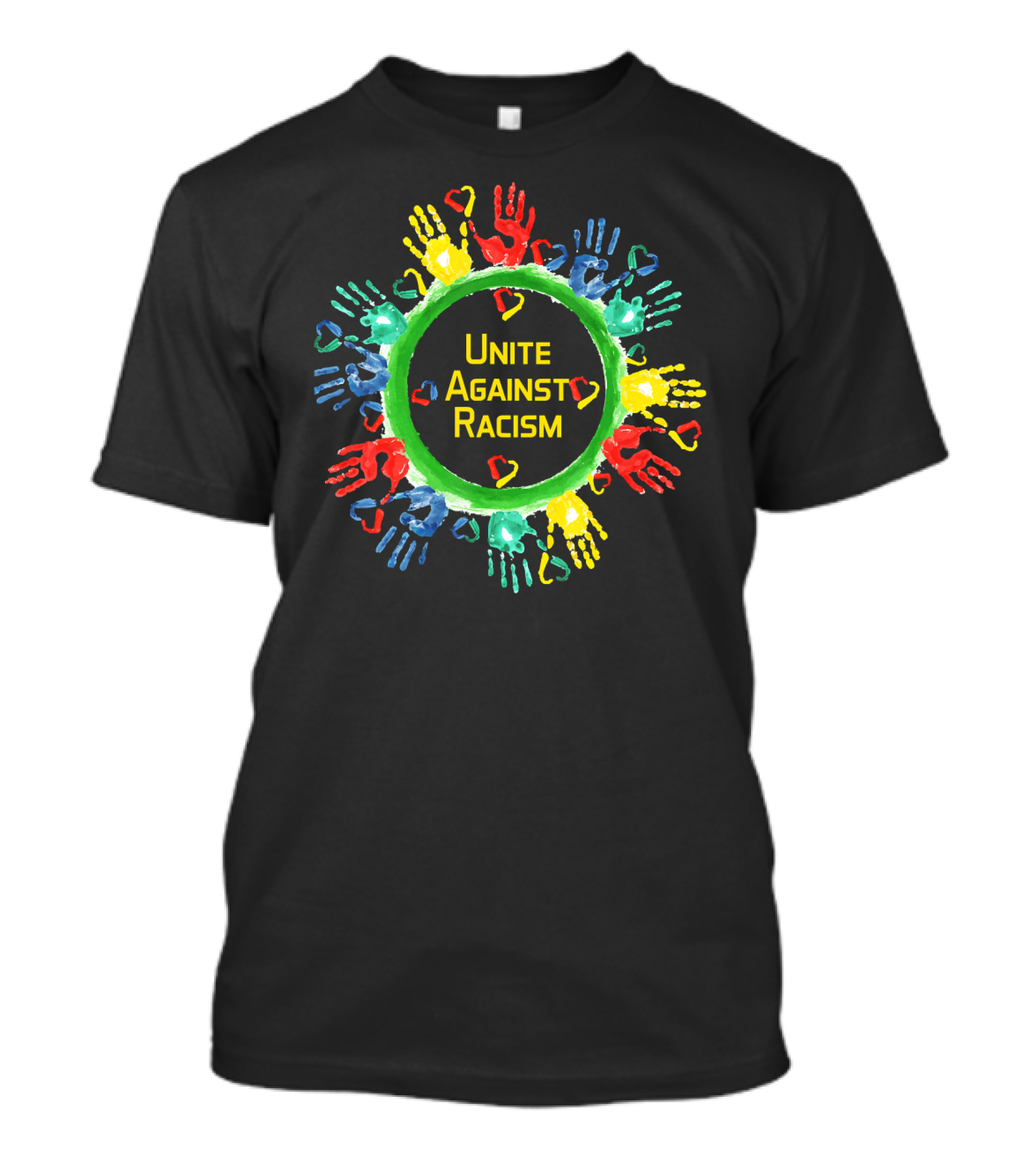 Unite Against Racism Colorful Handprints Circle With Hearts T-Shirt