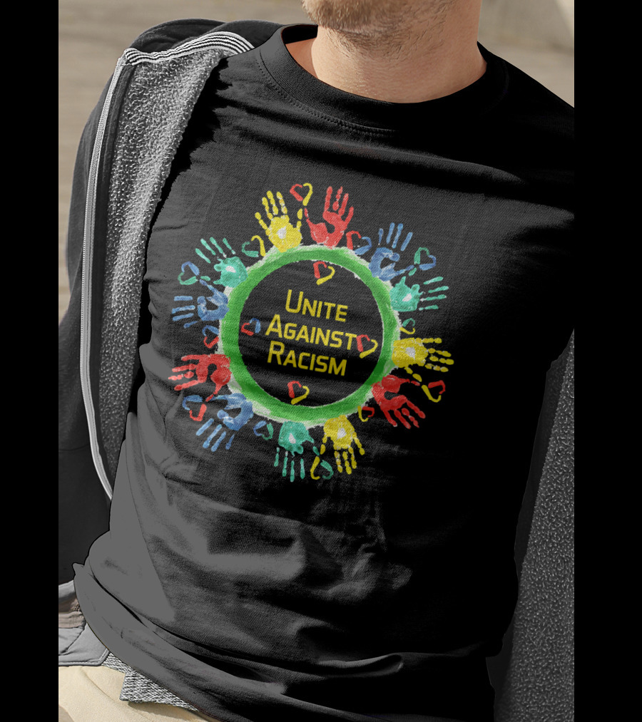 Unite Against Racism Colorful Handprints Circle With Hearts T-Shirt