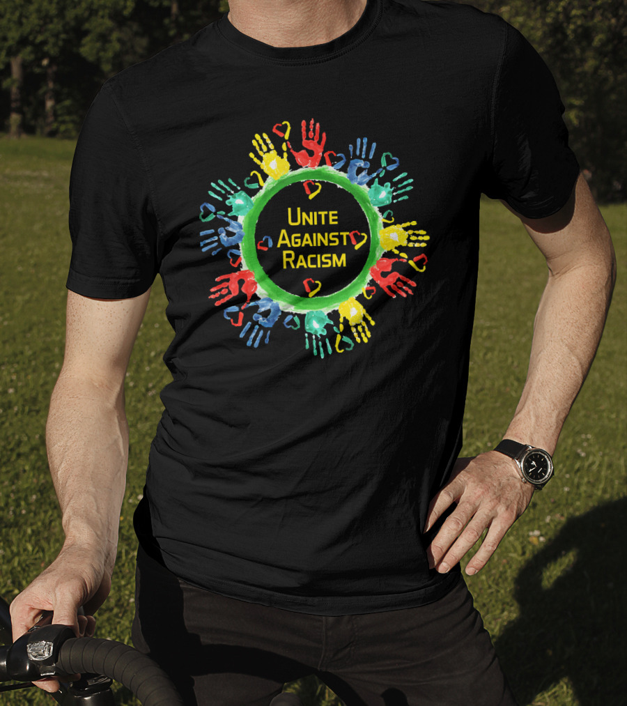 Unite Against Racism Colorful Handprints Circle With Hearts T-Shirt