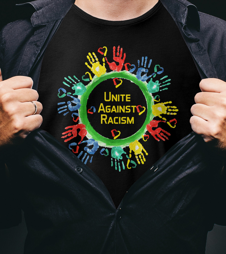 Unite Against Racism Colorful Handprints Circle With Hearts T-Shirt